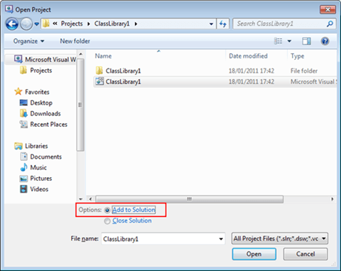 Visual Studio Express - הוספת פרוייקט קיים לפתרון Visual Studio Express - הוספת פרוייקט קיים לפתרון