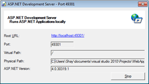 Visual Studio Express - חלונית המידע על שרת הפיתוח