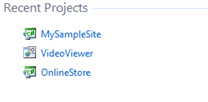Visual Studio Express - פרוייקטים אחרונים במסך הפתיחה