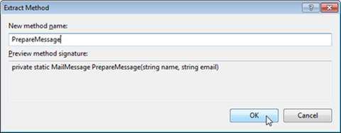 Visual Studio Express - חלונית הוצאה למתודה