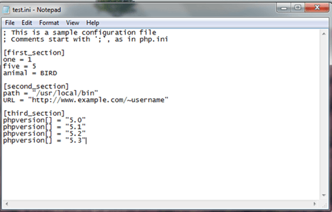 Example of ini file in notepad