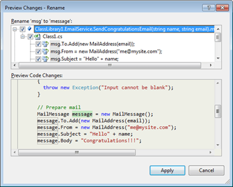 Visual Studio Express - חלונית הצגת שינויים