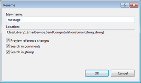 Visual Studio Express - חלונית שינוי שם משתנה